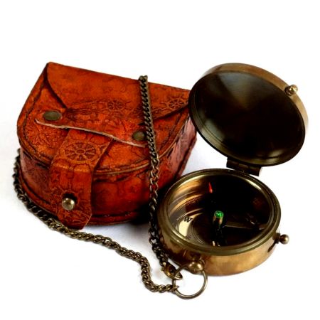 Brass Pocket Compass with Leather Case Chain
